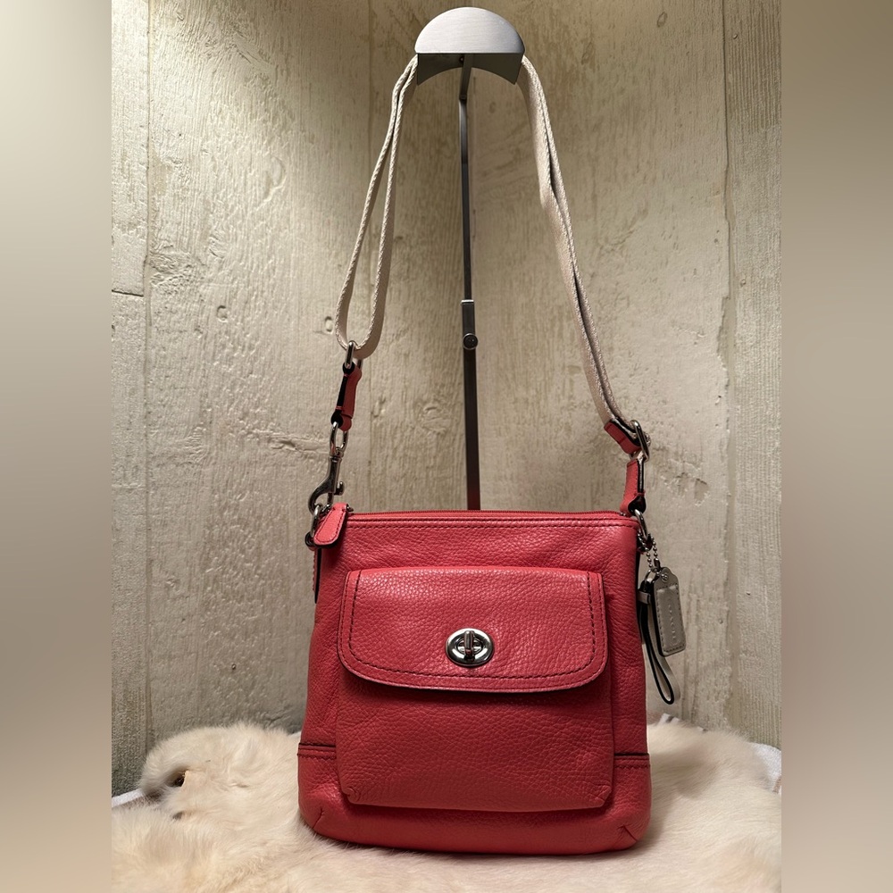 Coach Coral-Red Pebbled Leather Crossbody with Cream Strap